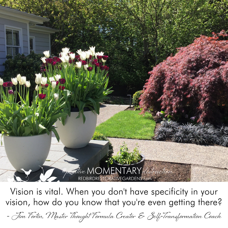 Outdoor space landscaping Red Bird Restorative Gardens tulips in pots quote by Jim Fortin